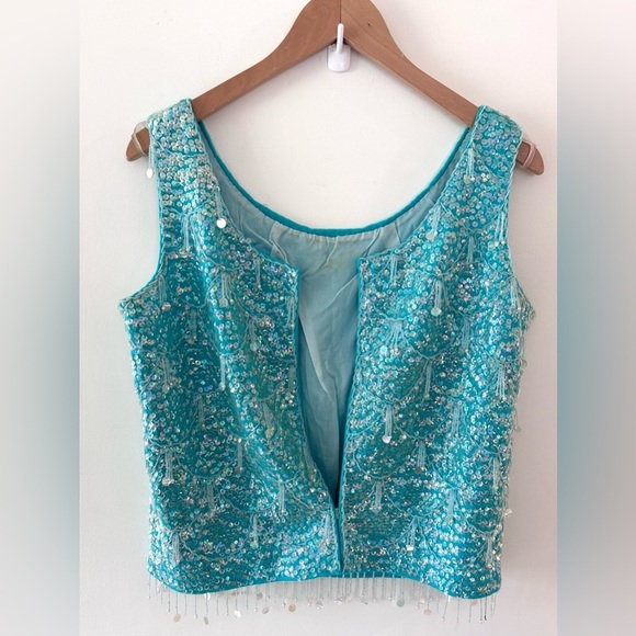 VINTAGE 1960s Sequin Sparkly Embellished Turquoise Top - Picture 9 of 13